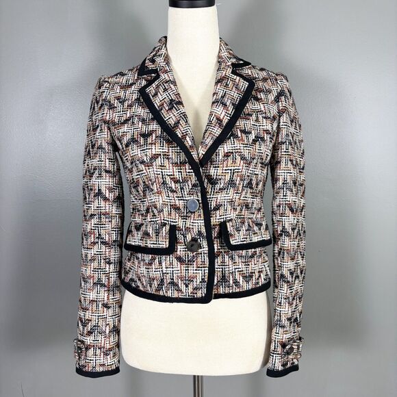 Tory Burch Pressed Chevron Blazer 2 Tailored Crop Tweed Academia Old‎ Money Prep - Picture 1 of 9